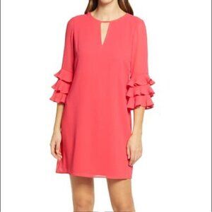 Vince Camuto Solid Pink 3/4 Tiered Ruffle Sleeve Keyhole Neck Shift Dress NEW